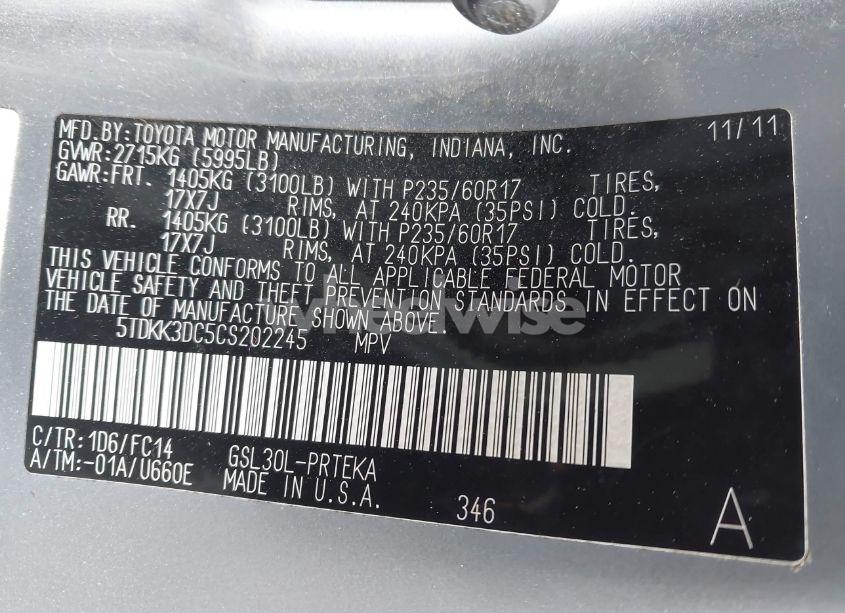 Photo 9 of 2012 Toyota Sienna LE V6 8 PASSENGER (VIN 5TDKK3DC5CS202245)