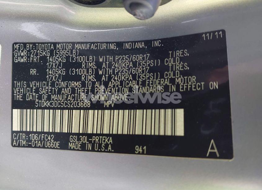 Photo 9 of 2012 Toyota Sienna LE V6 8 PASSENGER (VIN 5TDKK3DC5CS203668)