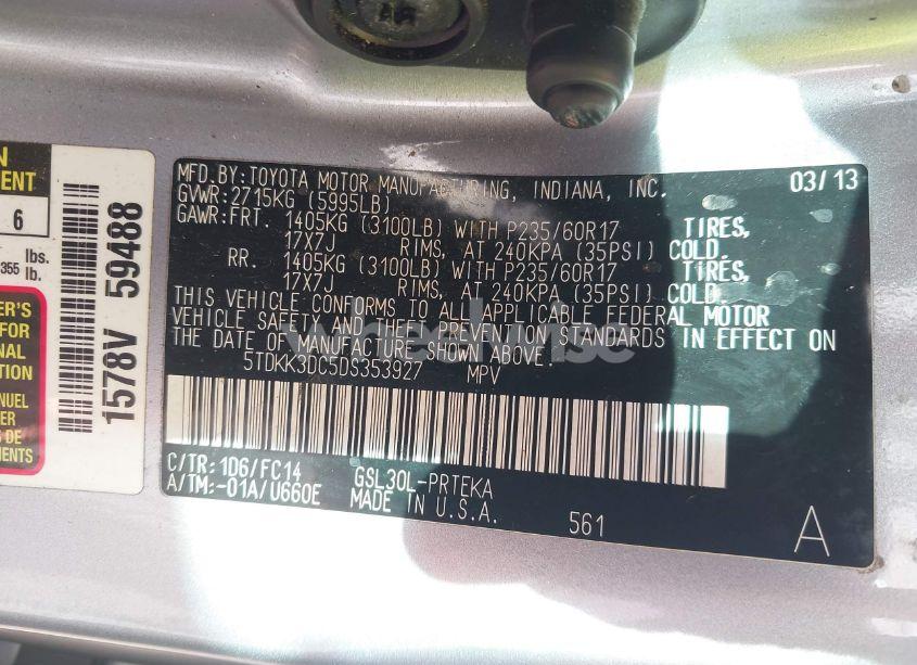 Photo 9 of 2013 Toyota Sienna LE V6 8 PASSENGER (VIN 5TDKK3DC5DS353927)