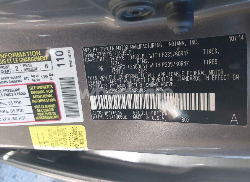 Photo 9 of 2015 Toyota Sienna LE 8 PASSENGER (VIN 5TDKK3DC5FS538983)