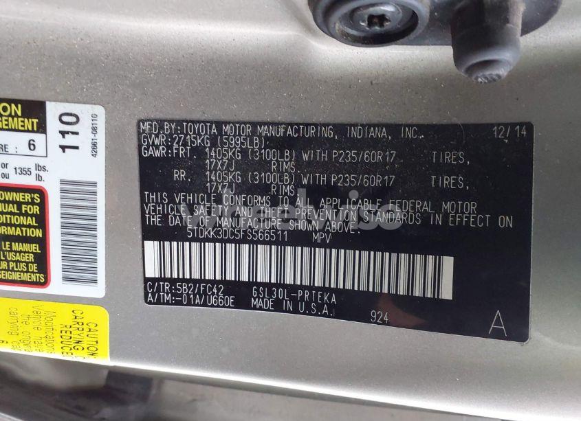 Photo 9 of 2015 Toyota Sienna LE 8 PASSENGER (VIN 5TDKK3DC5FS566511)