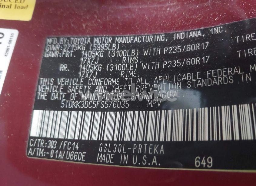 Photo 9 of 2015 Toyota Sienna LE 8 PASSENGER (VIN 5TDKK3DC5FS576035)