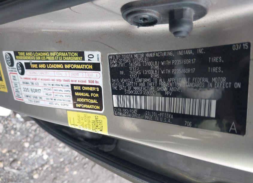 Photo 9 of 2015 Toyota Sienna LE 7 PASSENGER (VIN 5TDKK3DC5FS593921)