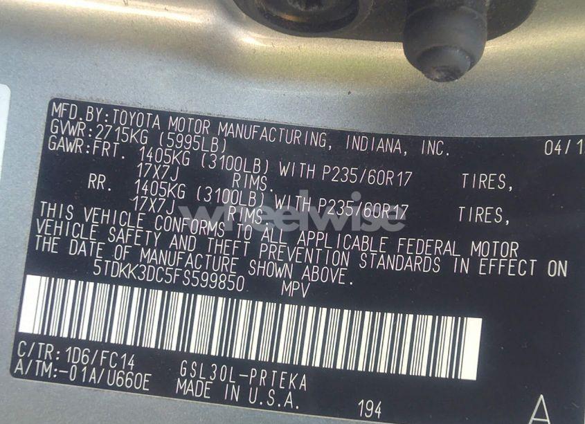 Photo 9 of 2015 Toyota Sienna LE 8 PASSENGER (VIN 5TDKK3DC5FS599850)