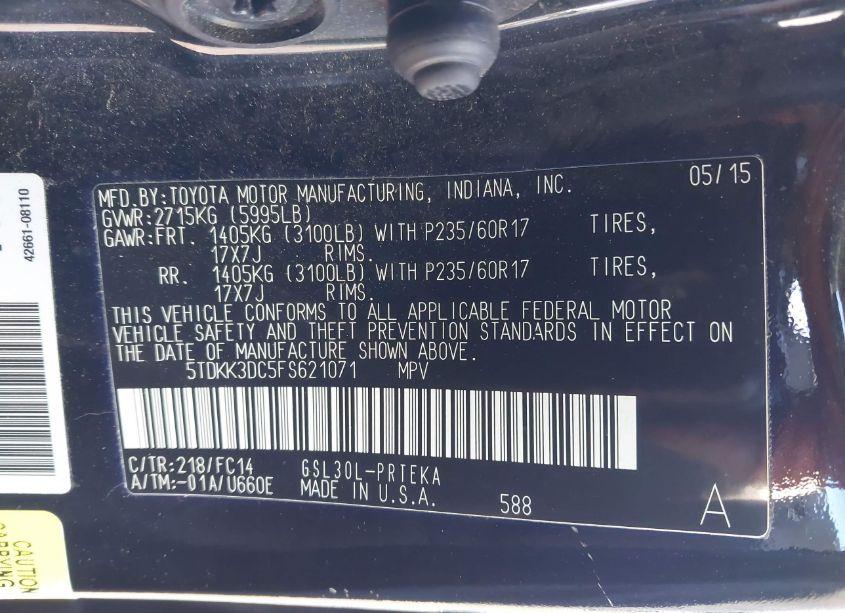 Photo 9 of 2015 Toyota Sienna LE 8 PASSENGER (VIN 5TDKK3DC5FS621071)