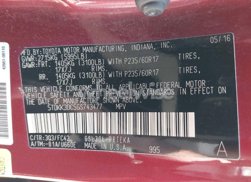 Photo 9 of 2016 Toyota Sienna LE 7 PASSENGER/LE 8 PASSENGER (VIN 5TDKK3DC5GS743477)