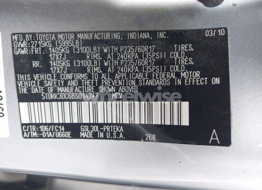 Photo 9 of 2011 Toyota Sienna LE V6 (VIN 5TDKK3DC6BS014347)