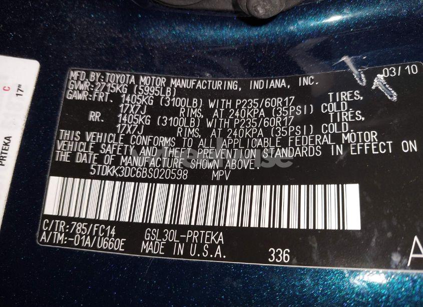 Photo 9 of 2011 Toyota Sienna LE V6 (VIN 5TDKK3DC6BS020598)