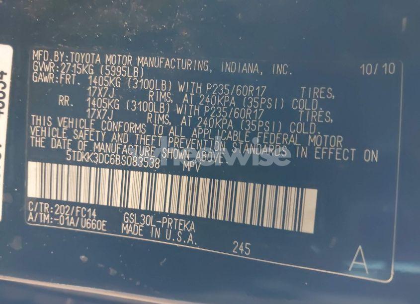 Photo 9 of 2011 Toyota Sienna LE V6 (VIN 5TDKK3DC6BS083538)