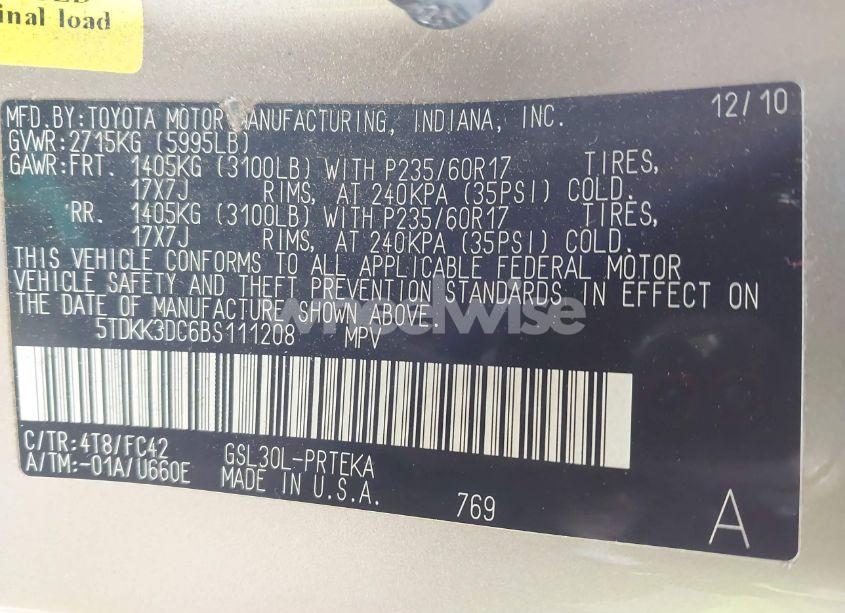 Photo 9 of 2011 Toyota Sienna LE V6 (VIN 5TDKK3DC6BS111208)