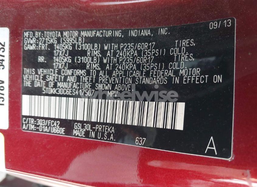 Photo 9 of 2014 Toyota Sienna LE V6 8 PASSENGER (VIN 5TDKK3DC6ES417507)