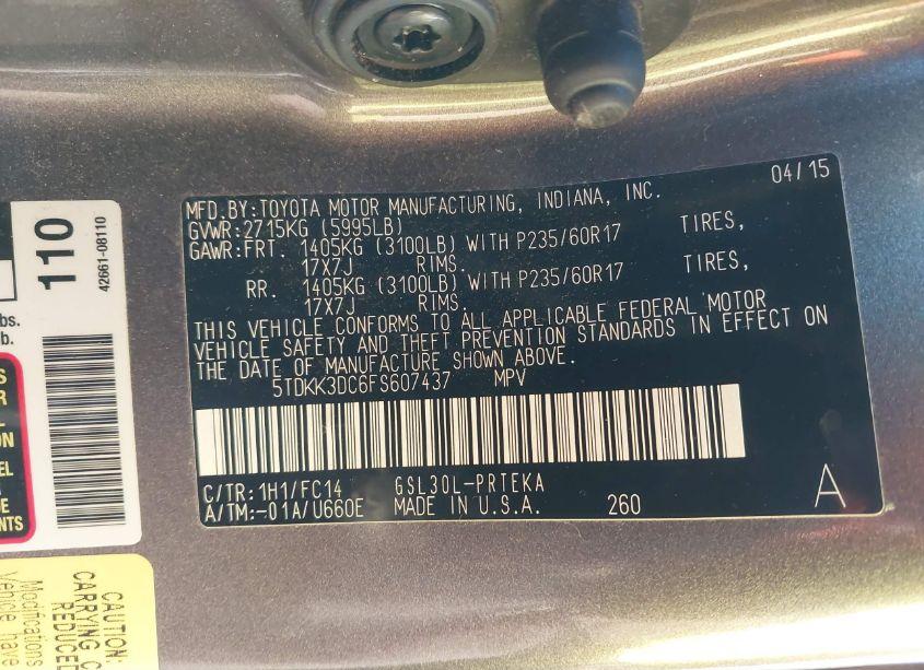 Photo 9 of 2015 Toyota Sienna LE 8 PASSENGER (VIN 5TDKK3DC6FS607437)