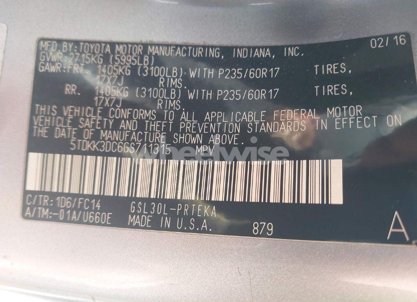 Photo 9 of 2016 Toyota Sienna LE 8 PASSENGER (VIN 5TDKK3DC6GS711315)