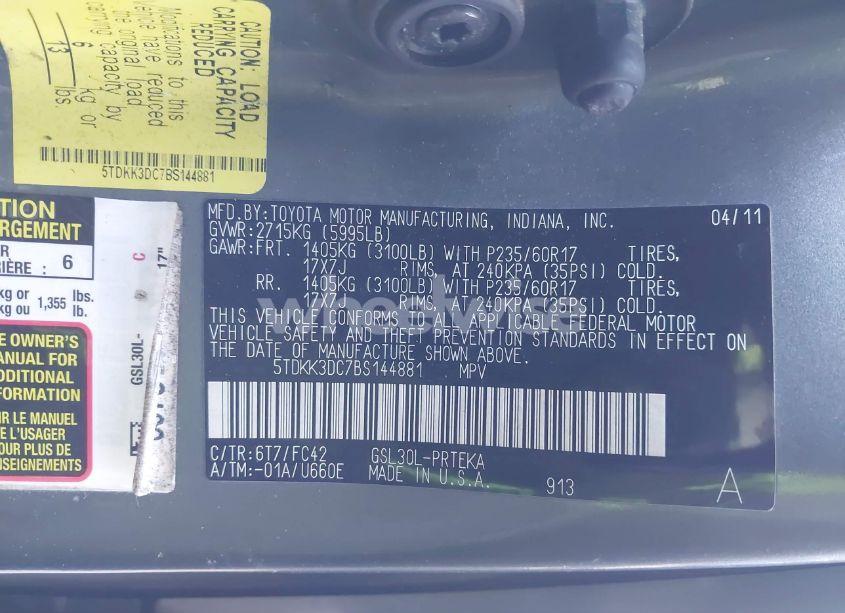 Photo 9 of 2011 Toyota Sienna LE V6 (VIN 5TDKK3DC7BS144881)