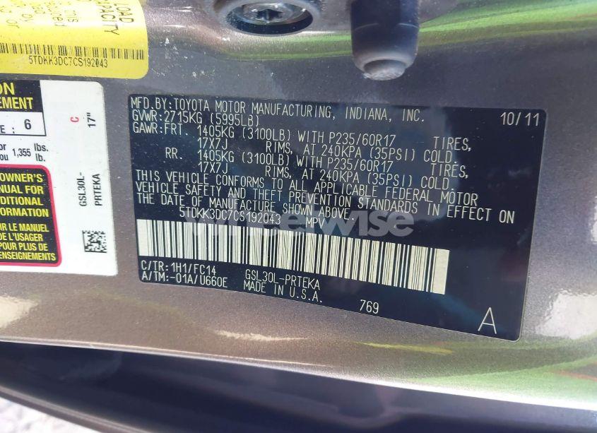 Photo 9 of 2012 Toyota Sienna LE V6 8 PASSENGER (VIN 5TDKK3DC7CS192043)