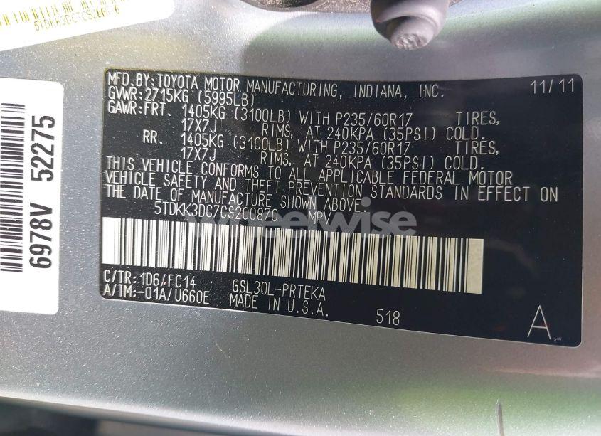 Photo 9 of 2012 Toyota Sienna LE V6 8 PASSENGER (VIN 5TDKK3DC7CS200870)