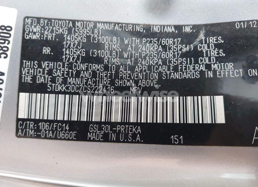 Photo 9 of 2012 Toyota Sienna LE V6 8 PASSENGER (VIN 5TDKK3DC7CS222416)