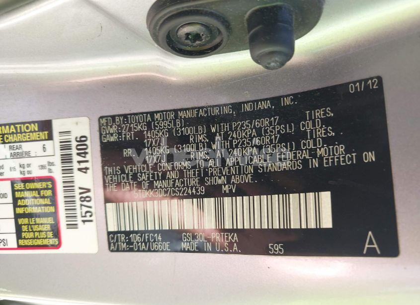 Photo 9 of 2012 Toyota Sienna LE V6 8 PASSENGER (VIN 5TDKK3DC7CS224439)