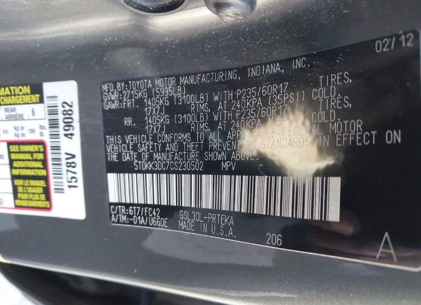 Photo 9 of 2012 Toyota Sienna LE V6 8 PASSENGER (VIN 5TDKK3DC7CS230502)