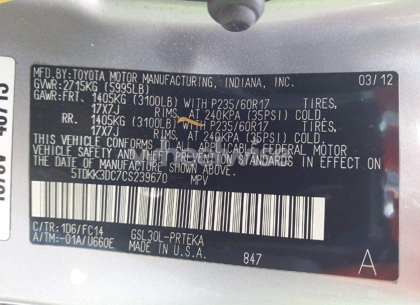 Photo 9 of 2012 Toyota Sienna LE V6 8 PASSENGER (VIN 5TDKK3DC7CS239670)