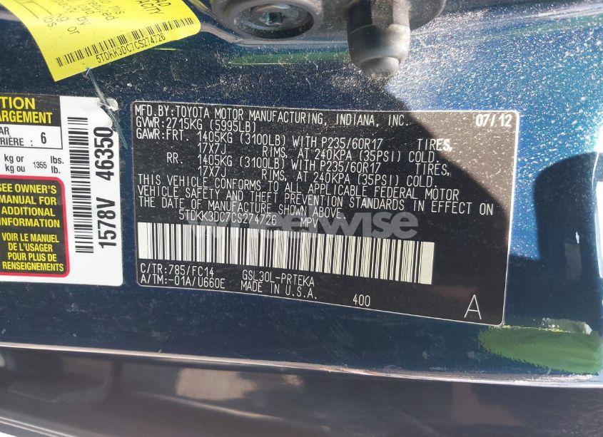 Photo 9 of 2012 Toyota Sienna LE V6 8 PASSENGER (VIN 5TDKK3DC7CS274726)