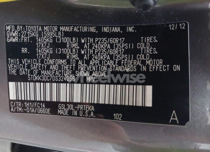 Photo 9 of 2013 Toyota Sienna LE V6 8 PASSENGER (VIN 5TDKK3DC7DS324056)