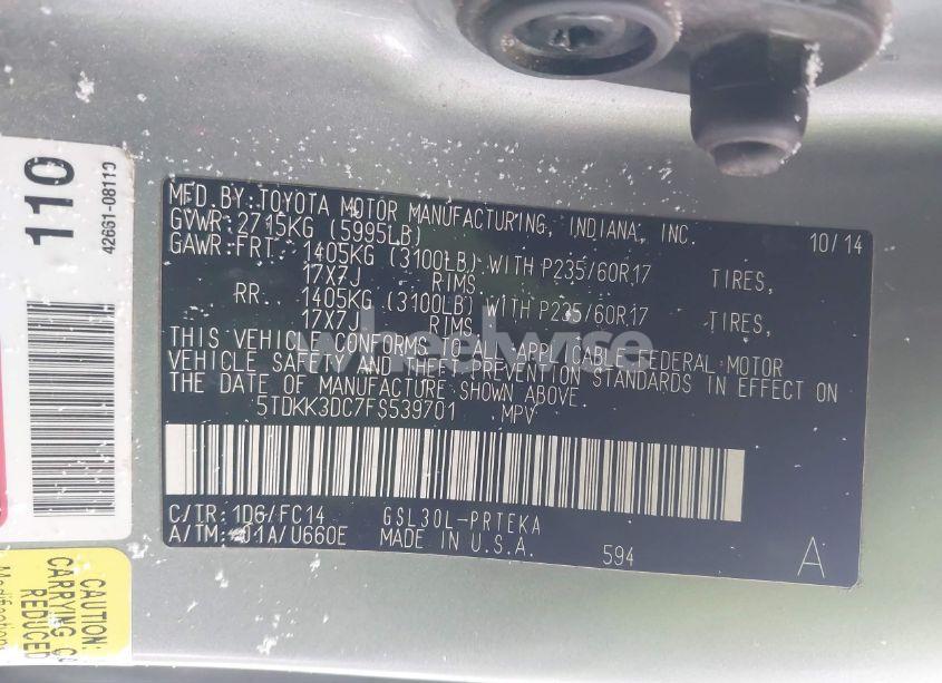 Photo 9 of 2015 Toyota Sienna LE 8 PASSENGER (VIN 5TDKK3DC7FS539701)