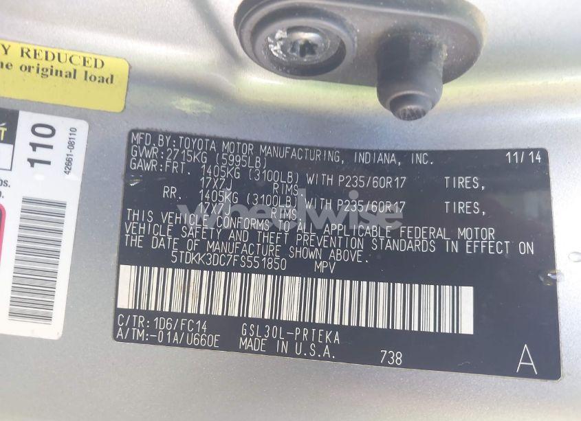 Photo 9 of 2015 Toyota Sienna LE 8 PASSENGER (VIN 5TDKK3DC7FS551850)