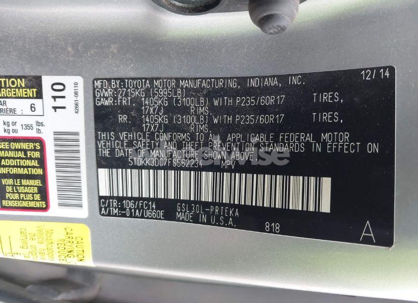 Photo 9 of 2015 Toyota Sienna LE 8 PASSENGER (VIN 5TDKK3DC7FS562234)