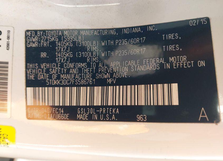 Photo 9 of 2015 Toyota Sienna LE 8 PASSENGER (VIN 5TDKK3DC7FS586761)