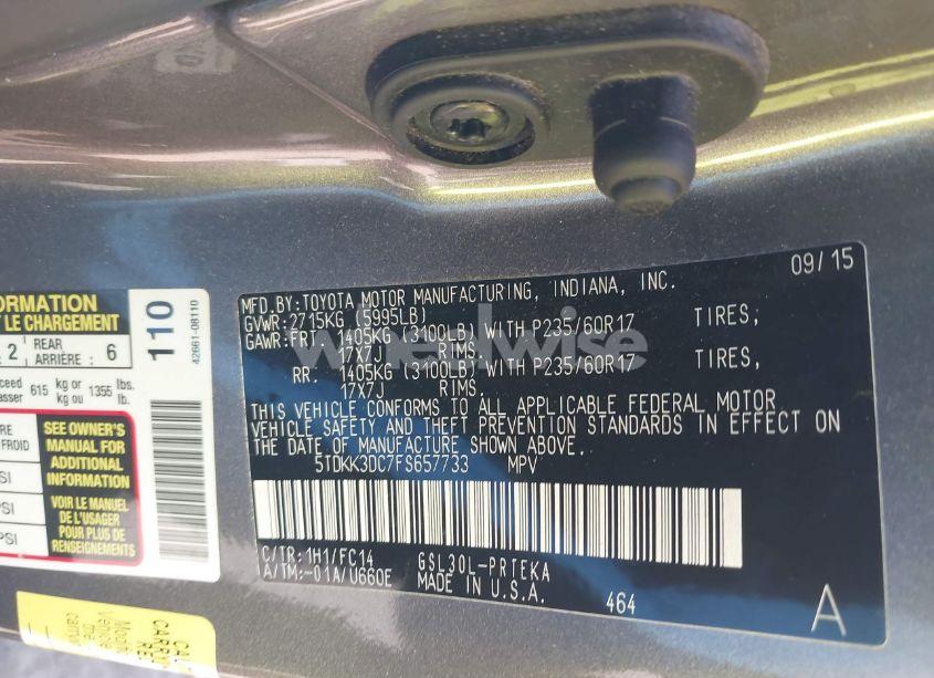 Photo 9 of 2015 Toyota Sienna LE 8 PASSENGER (VIN 5TDKK3DC7FS657733)