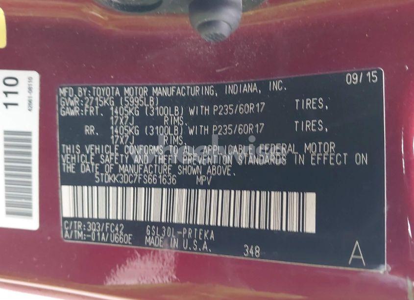 Photo 9 of 2015 Toyota Sienna LE 8 PASSENGER (VIN 5TDKK3DC7FS661636)