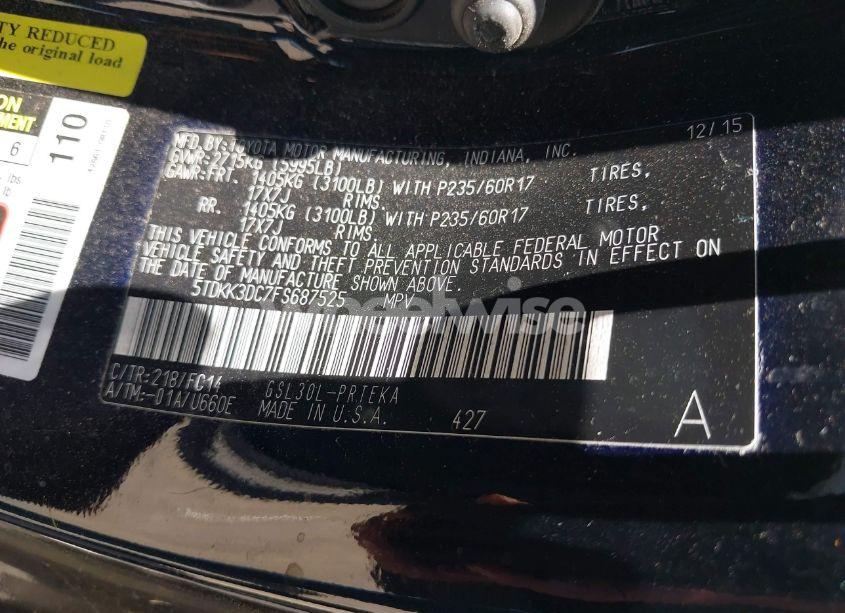 Photo 9 of 2015 Toyota Sienna LE 8 PASSENGER (VIN 5TDKK3DC7FS687525)