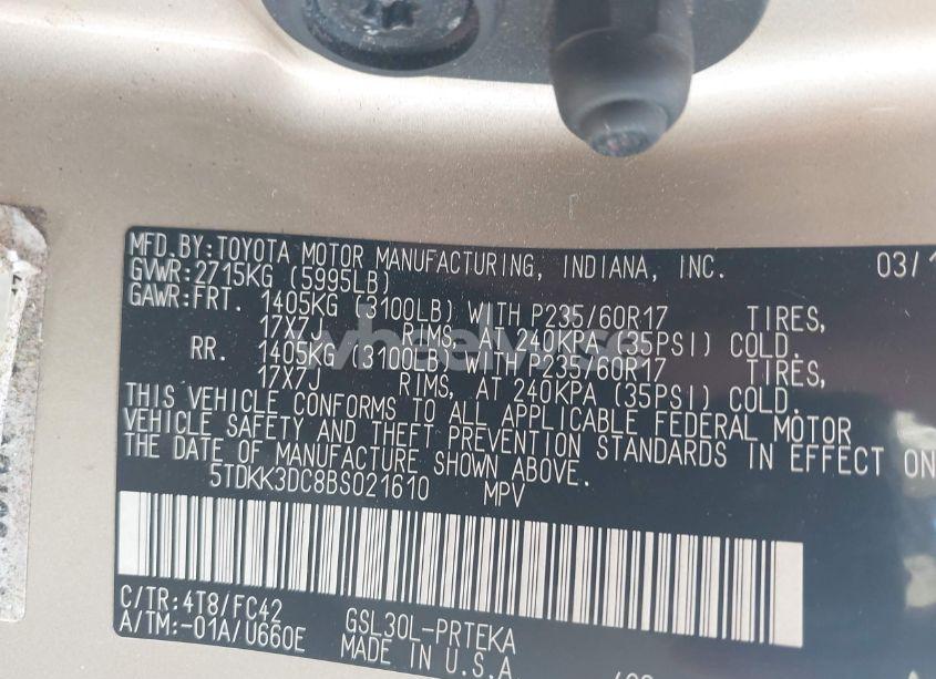 Photo 9 of 2011 Toyota Sienna LE V6 (VIN 5TDKK3DC8BS021610)