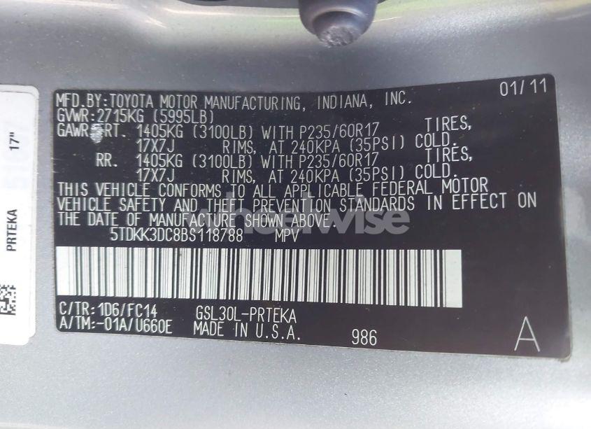 Photo 9 of 2011 Toyota Sienna LE V6 (VIN 5TDKK3DC8BS118788)