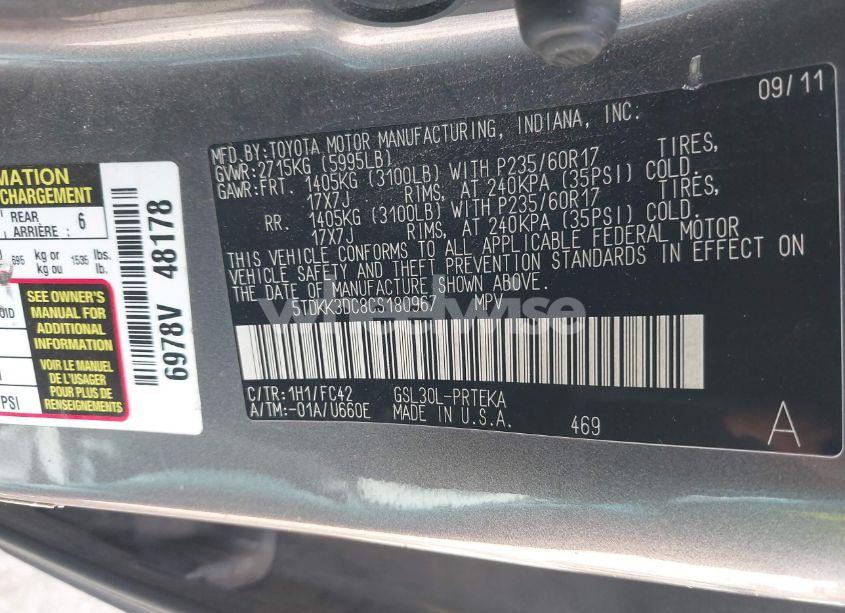 Photo 9 of 2012 Toyota Sienna LE V6 8 PASSENGER (VIN 5TDKK3DC8CS180967)