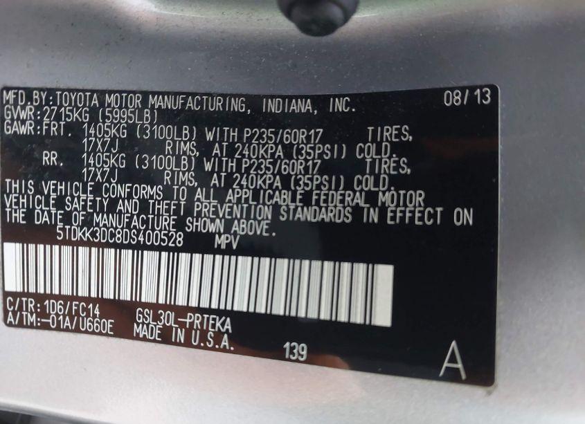 Photo 9 of 2013 Toyota Sienna LE V6 8 PASSENGER (VIN 5TDKK3DC8DS400528)