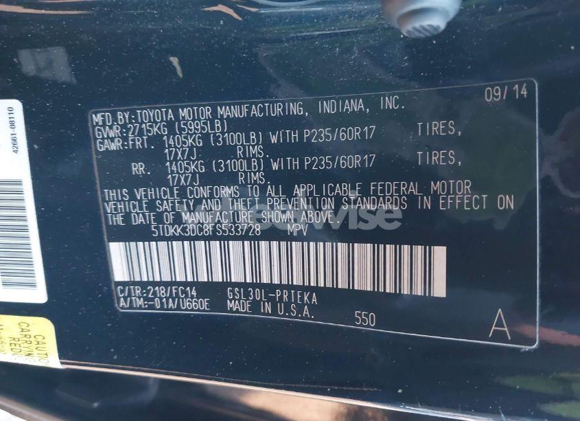 Photo 9 of 2015 Toyota Sienna LE 8 PASSENGER (VIN 5TDKK3DC8FS533728)