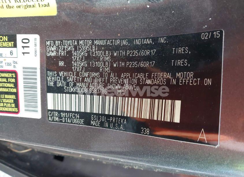 Photo 9 of 2015 Toyota Sienna LE 8 PASSENGER (VIN 5TDKK3DC8FS583786)