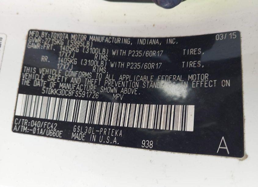 Photo 9 of 2015 Toyota Sienna LE 8 PASSENGER (VIN 5TDKK3DC8FS591726)