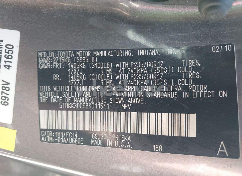 Photo 9 of 2011 Toyota Sienna LE V6/LE V6 AUTO ACCESS SEAT (VIN 5TDKK3DC9BS011541)