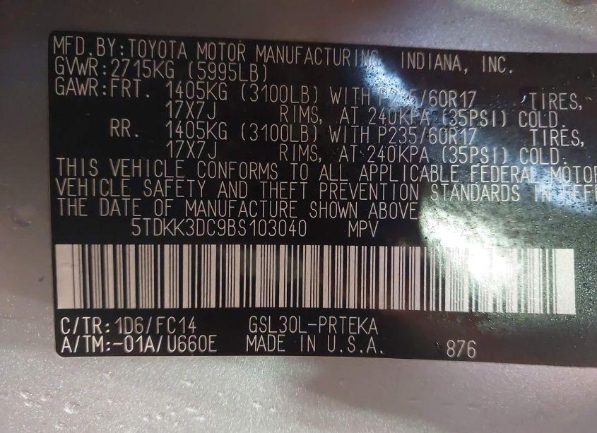 Photo 9 of 2011 Toyota Sienna LE V6 (VIN 5TDKK3DC9BS103040)