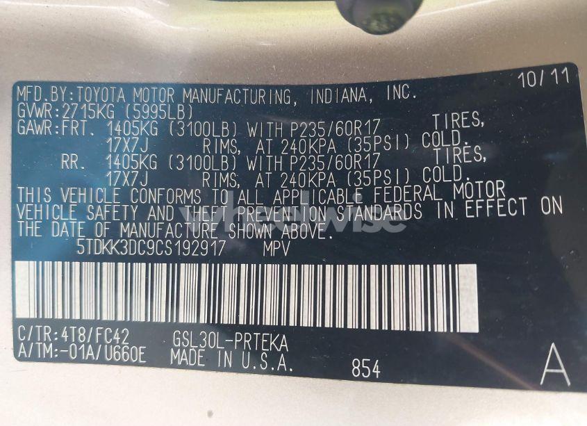 Photo 9 of 2012 Toyota Sienna LE V6 8 PASSENGER (VIN 5TDKK3DC9CS192917)