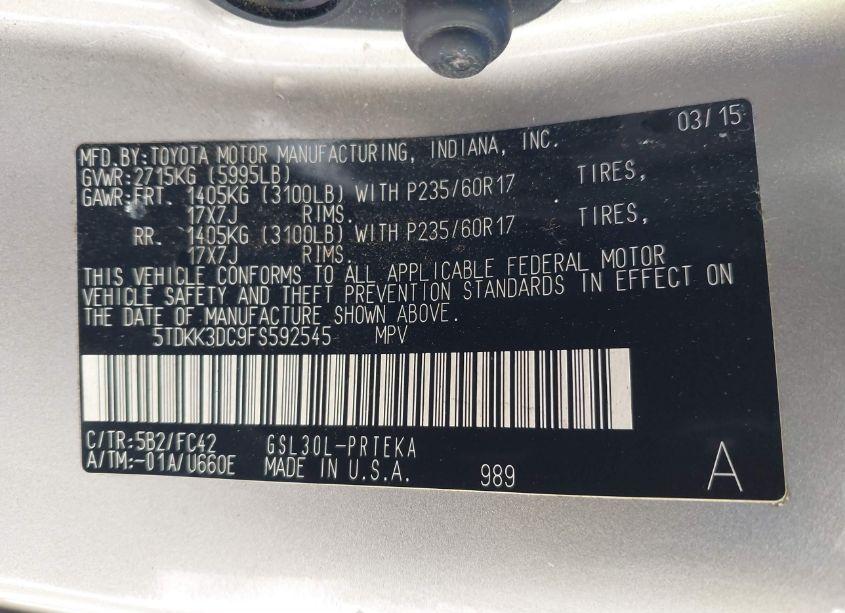 Photo 9 of 2015 Toyota Sienna LE 8 PASSENGER (VIN 5TDKK3DC9FS592545)