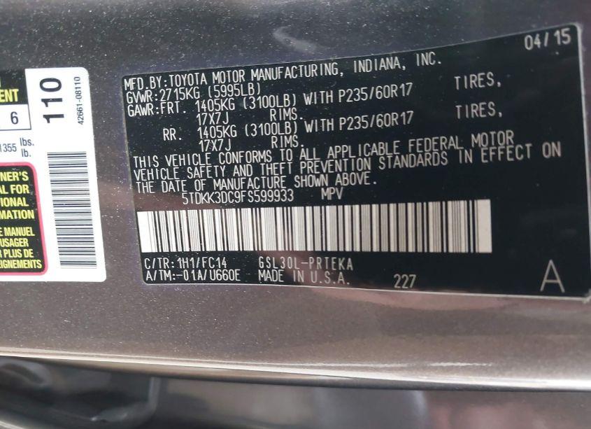 Photo 9 of 2015 Toyota Sienna LE 8 PASSENGER (VIN 5TDKK3DC9FS599933)