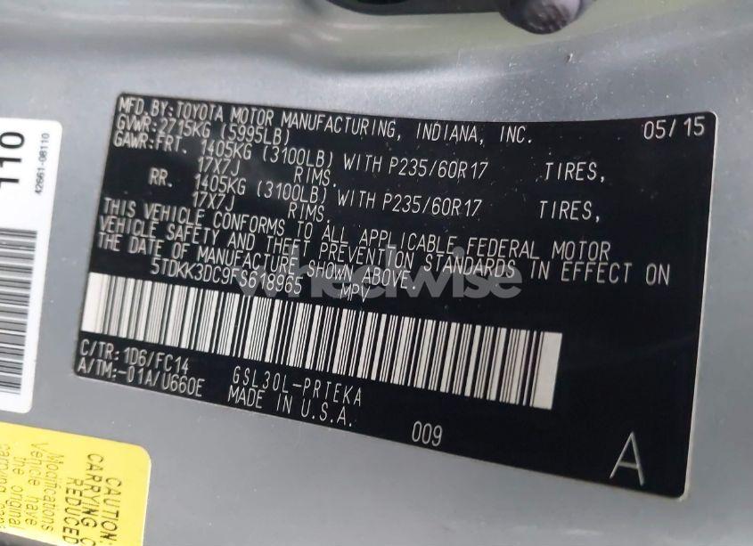 Photo 9 of 2015 Toyota Sienna LE 8 PASSENGER (VIN 5TDKK3DC9FS618965)