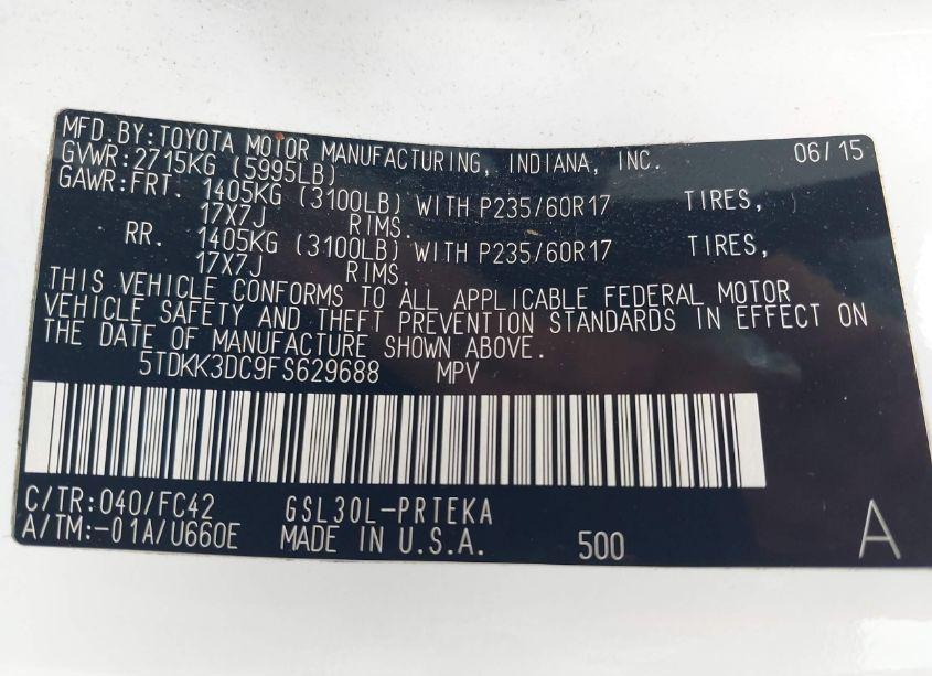Photo 9 of 2015 Toyota Sienna LE 8 PASSENGER (VIN 5TDKK3DC9FS629688)