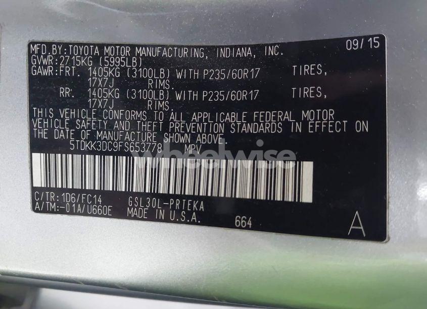 Photo 9 of 2015 Toyota Sienna LE 8 PASSENGER (VIN 5TDKK3DC9FS653778)