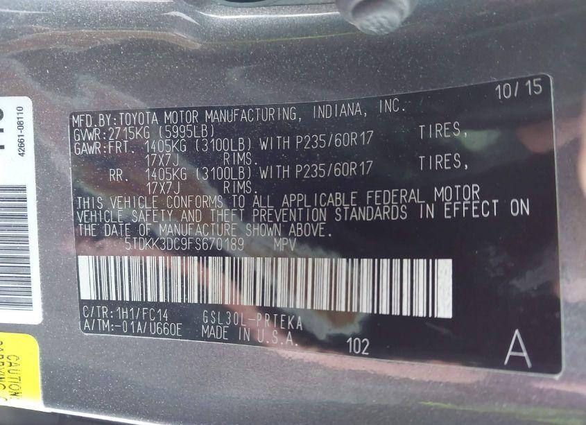 Photo 9 of 2015 Toyota Sienna LE 8 PASSENGER (VIN 5TDKK3DC9FS670189)