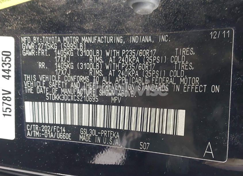 Photo 9 of 2012 Toyota Sienna LE V6 8 PASSENGER (VIN 5TDKK3DCXCS210695)